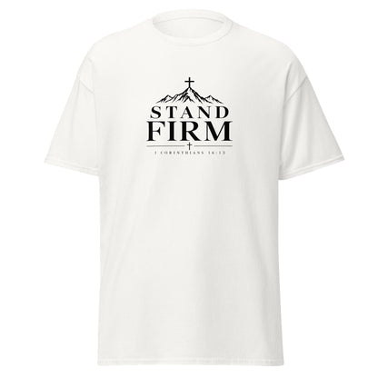 Stand Firm 1 Corinthians 16:13 Christian t-shirt with minimalist cross design