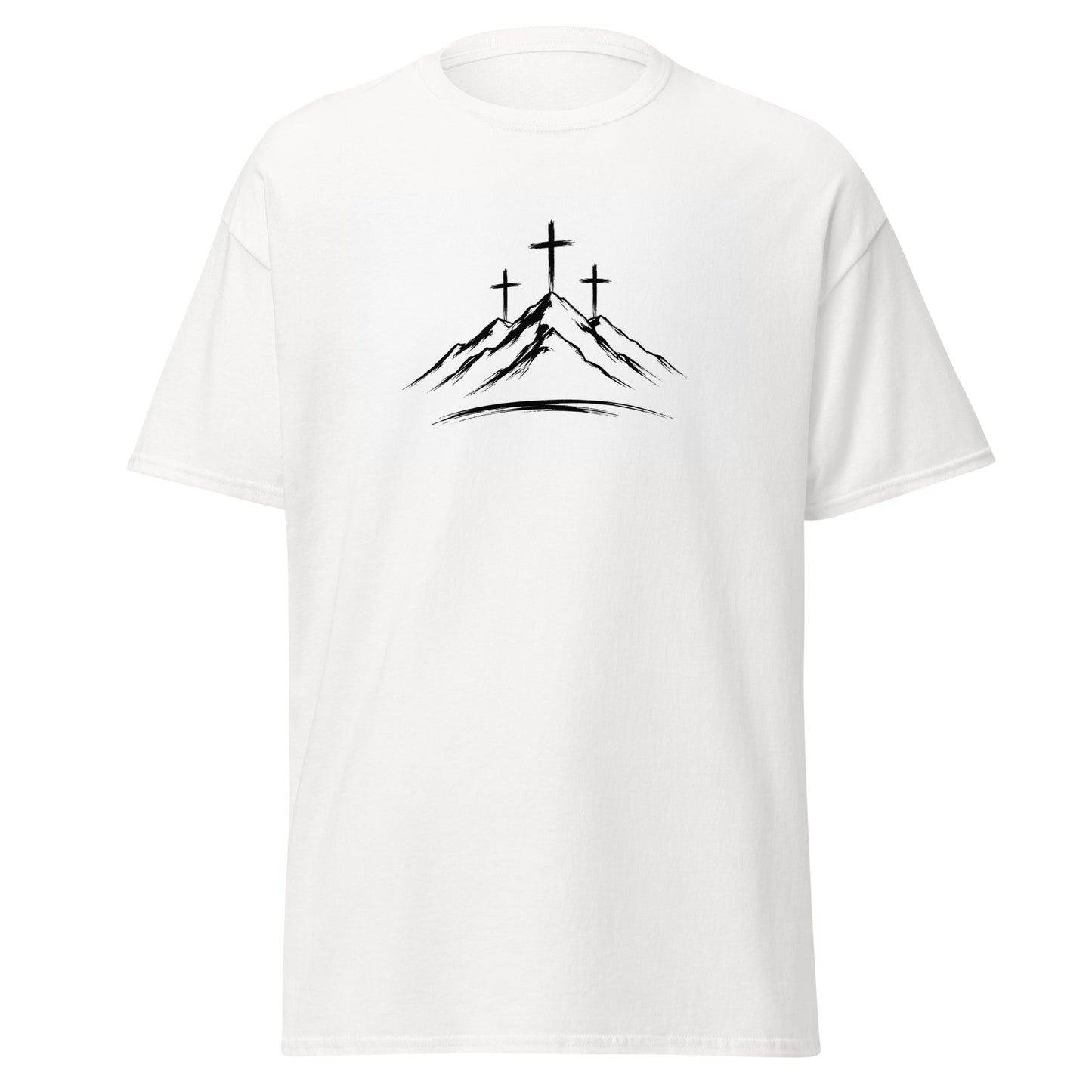 Three Crosses Christian t-shirt with minimalist Calvary mountain design