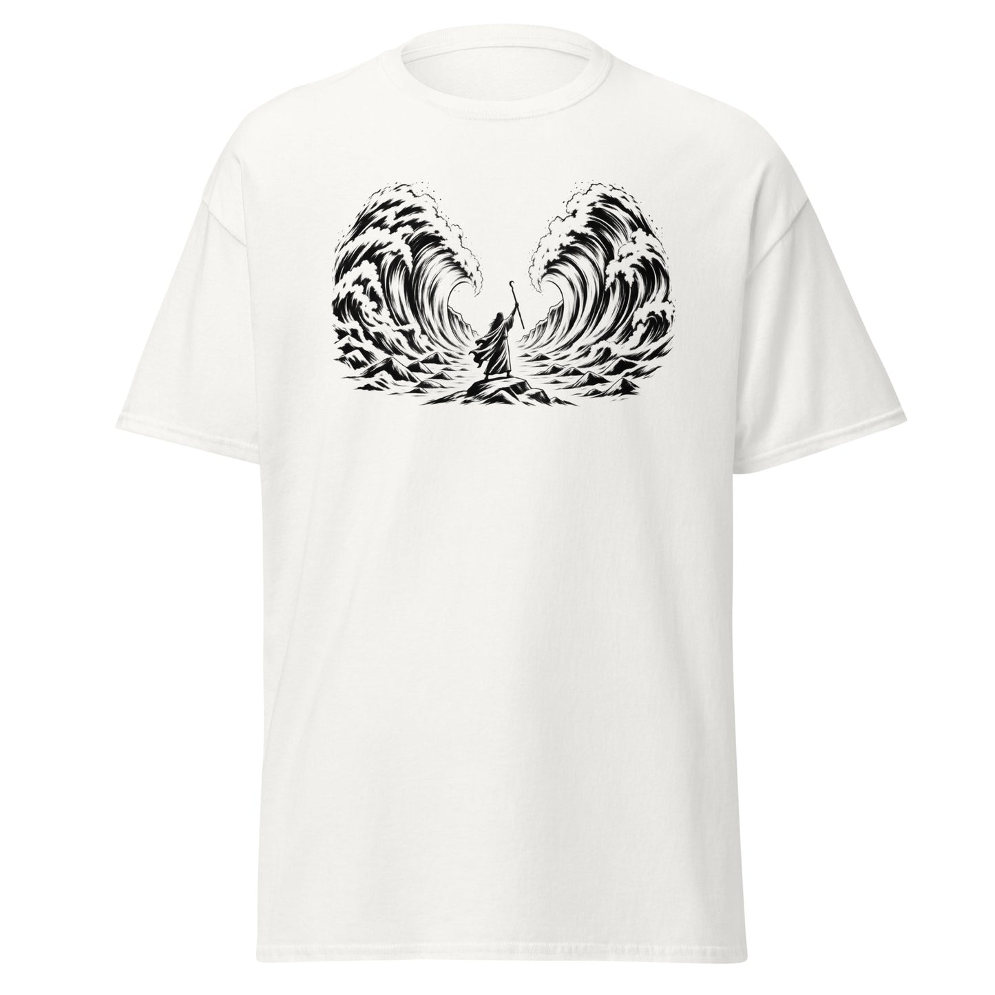Moses Parting the Red Sea Christian t-shirt with minimalist biblical line artwork