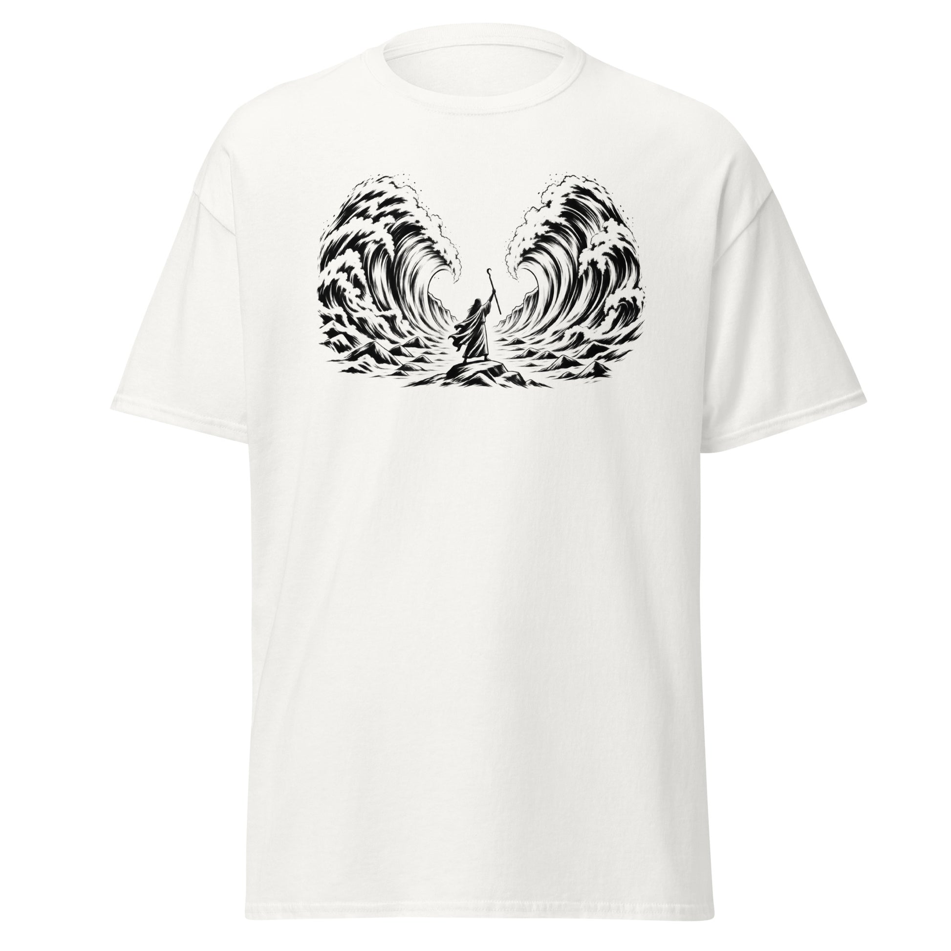 Moses Parting the Red Sea Christian t-shirt with minimalist biblical line artwork