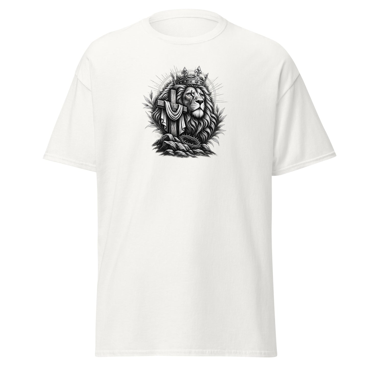 Lion of Judah Christian t-shirt with crowned lion, cross and crown of thorns artwork