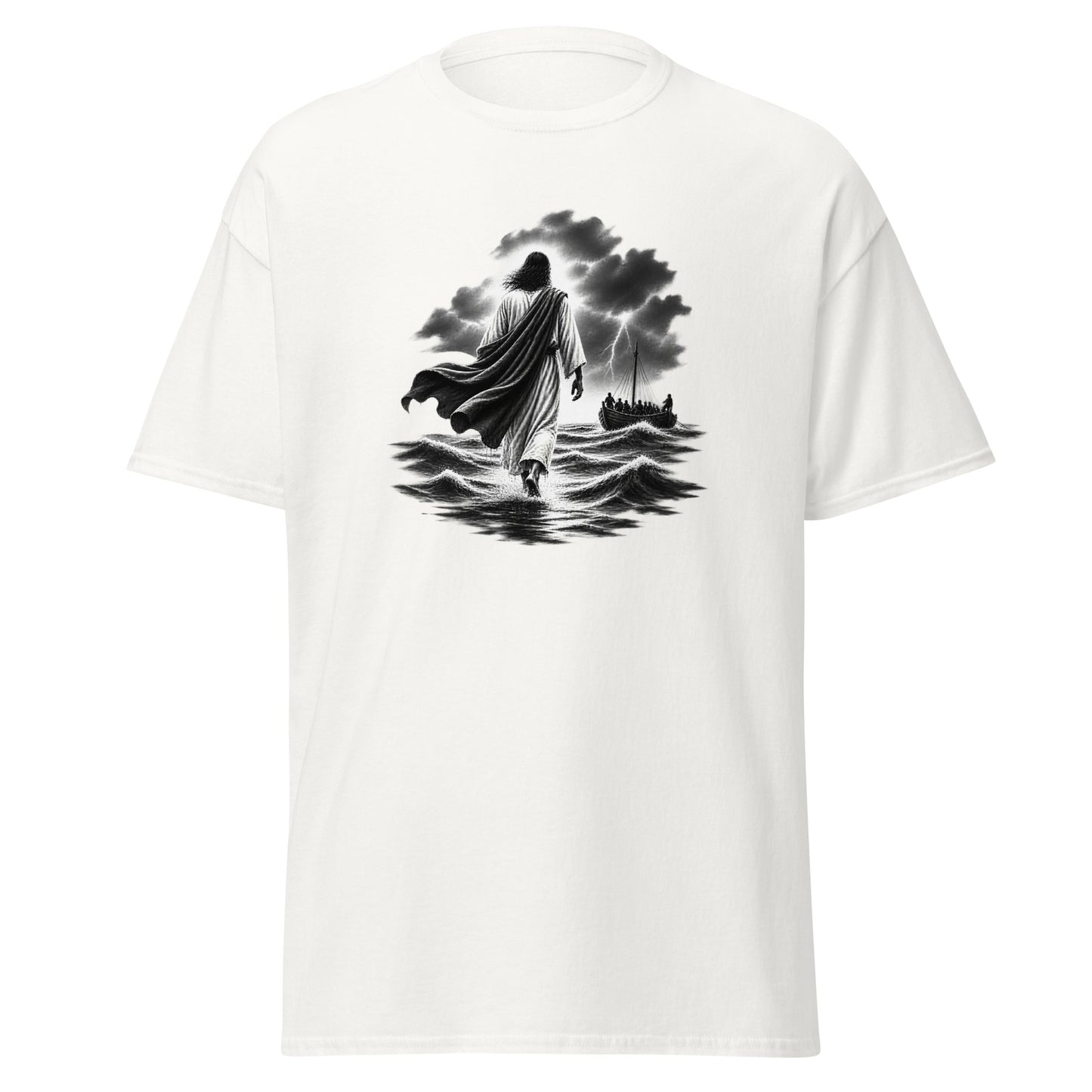 Walk on Water Matthew 14:25 Christian t-shirt featuring Jesus walking across stormy waves