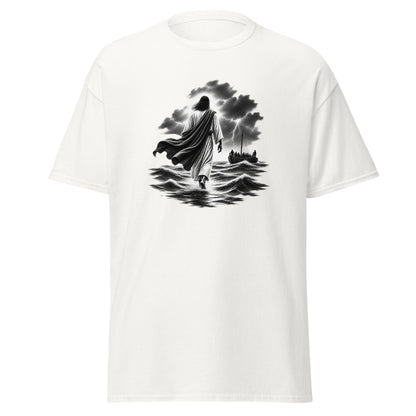 Walk on Water Matthew 14:25 Christian t-shirt featuring Jesus walking across stormy waves
