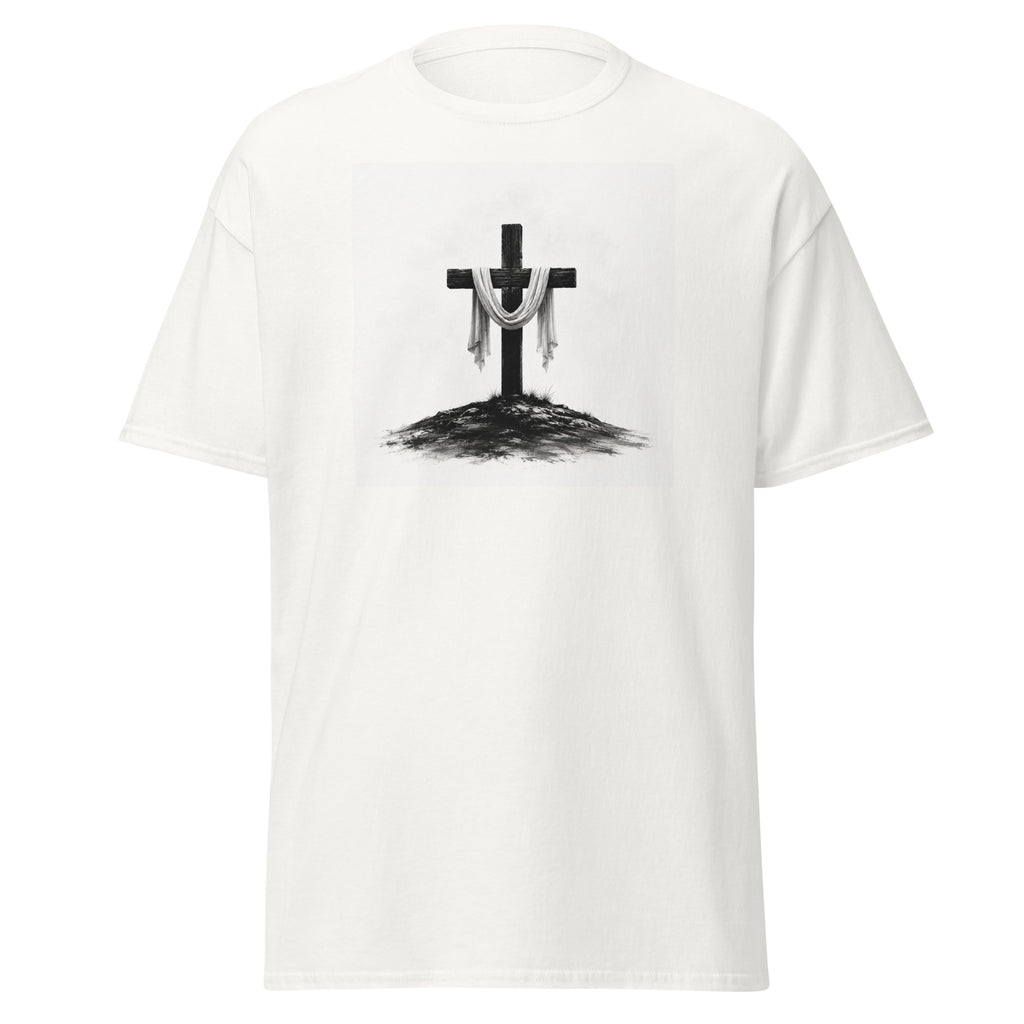 The Empty Cross Christian t-shirt featuring wooden cross with draped cloth minimalist artwork