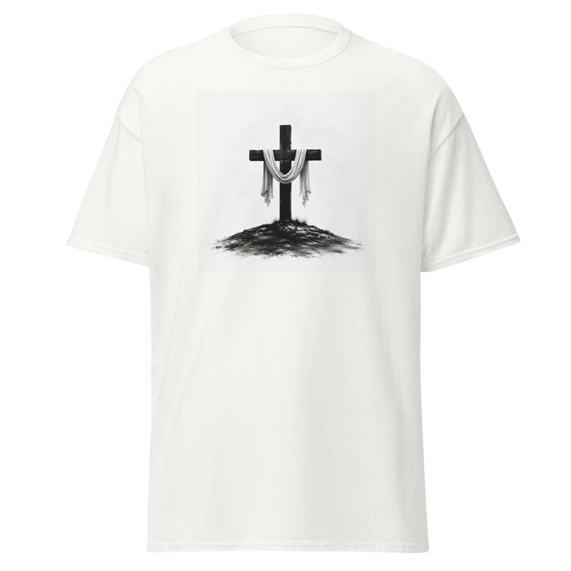 The Empty Cross Christian t-shirt featuring wooden cross with draped cloth minimalist artwork