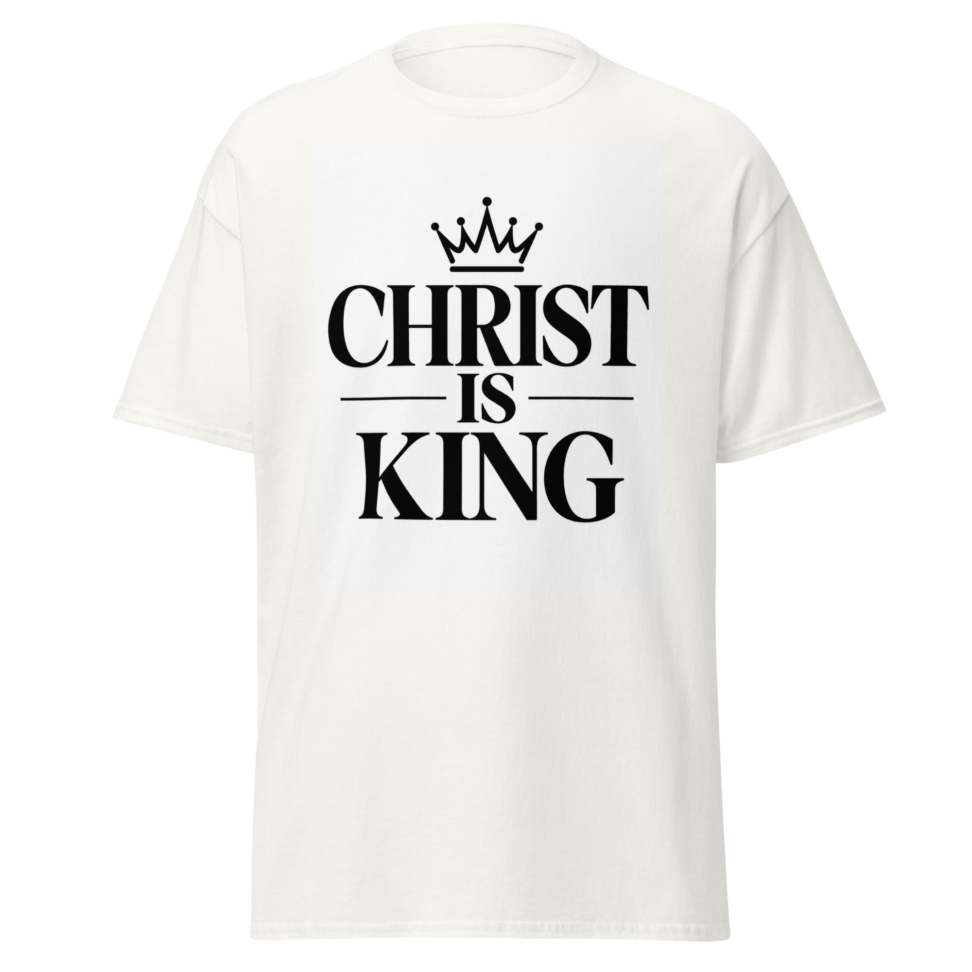 Front view of Christ Is King modern Christian T-shirt featuring bold crown and typography design