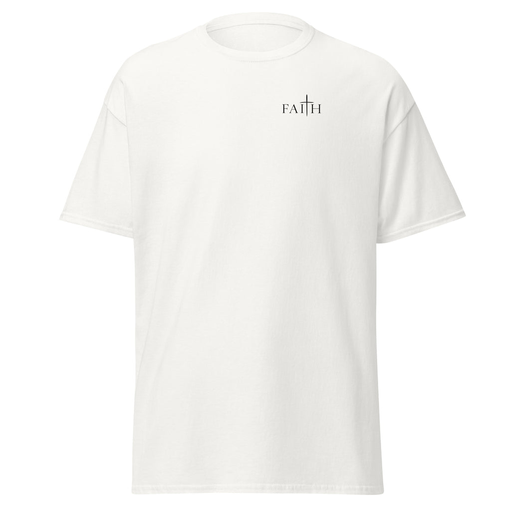 White Faith Christian T-shirt with minimalist cross design on upper-left chest