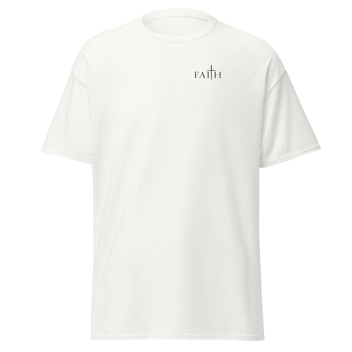 White Faith Christian T-shirt with minimalist cross design on upper-left chest