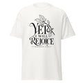 White Yet I Will Rejoice Christian T-shirt with Habakkuk 3:18 fig branch full-front design