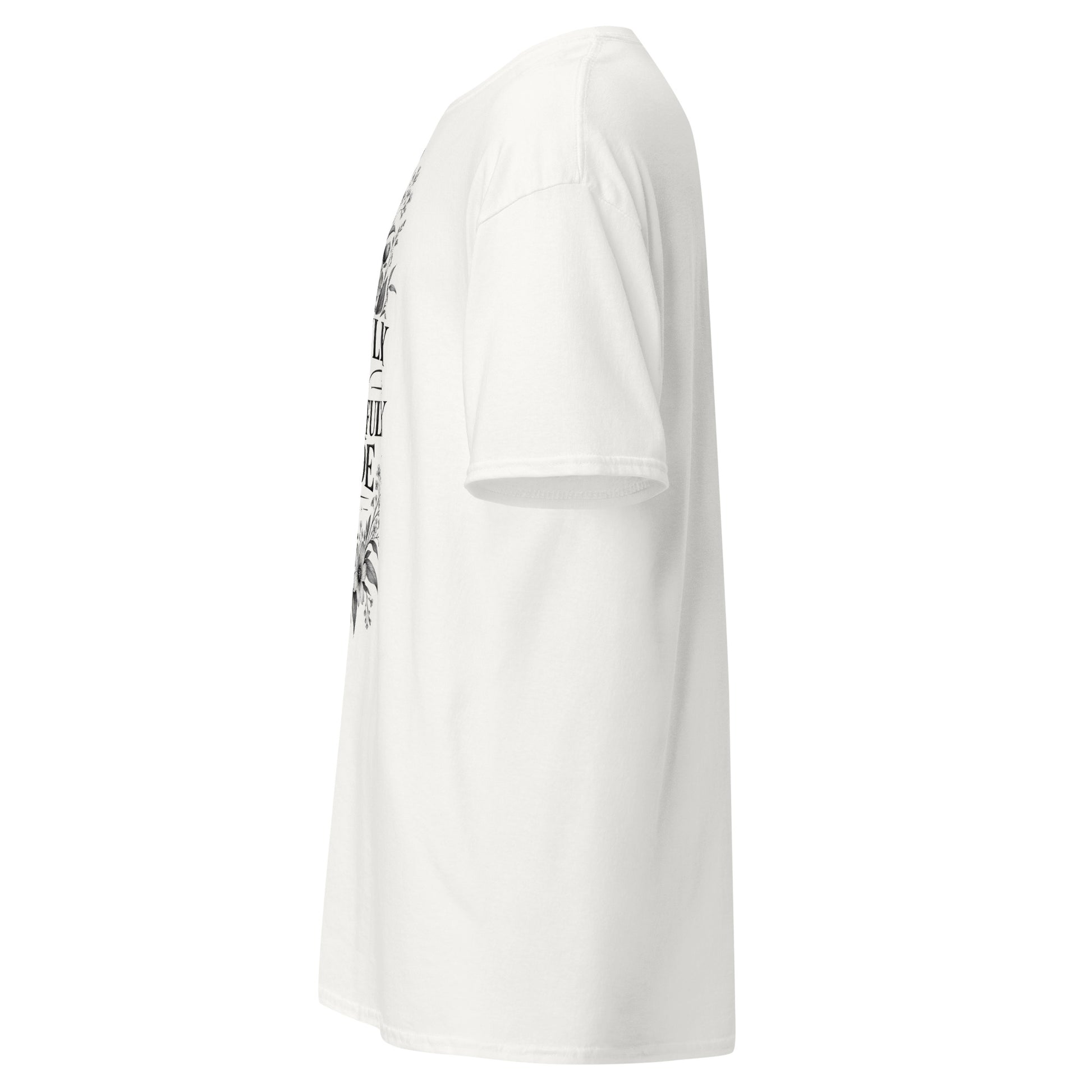 White Gildan 5000 faith shirt left side view with Fearfully and Wonderfully Made design visible