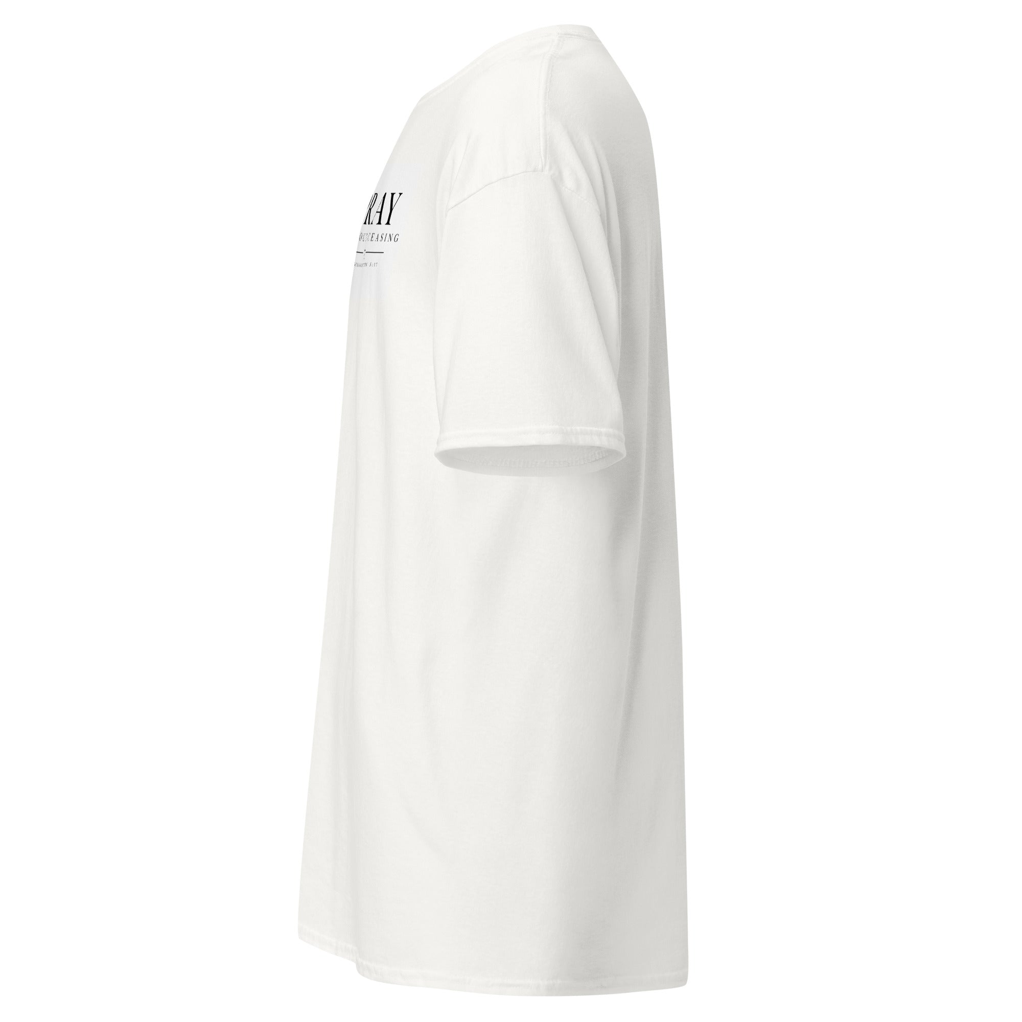 White Christian faith t-shirt right side view with minimalist front typography left side view