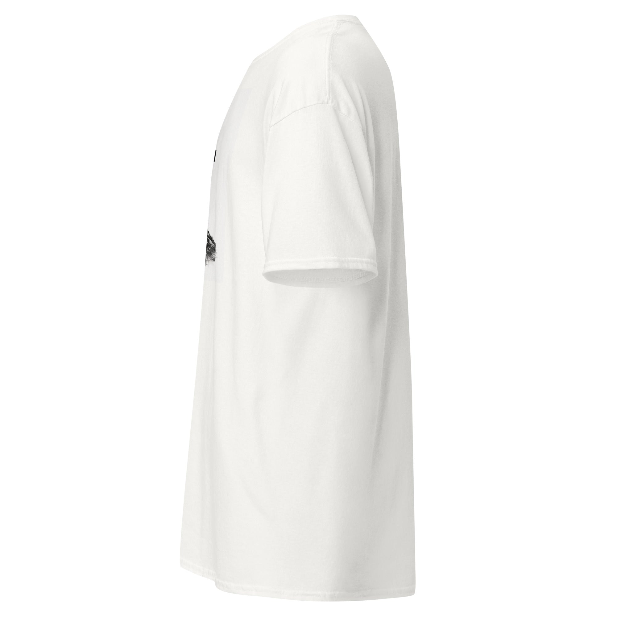 Minimalist Christian t-shirt left side view featuring wooden cross and draped cloth artwork