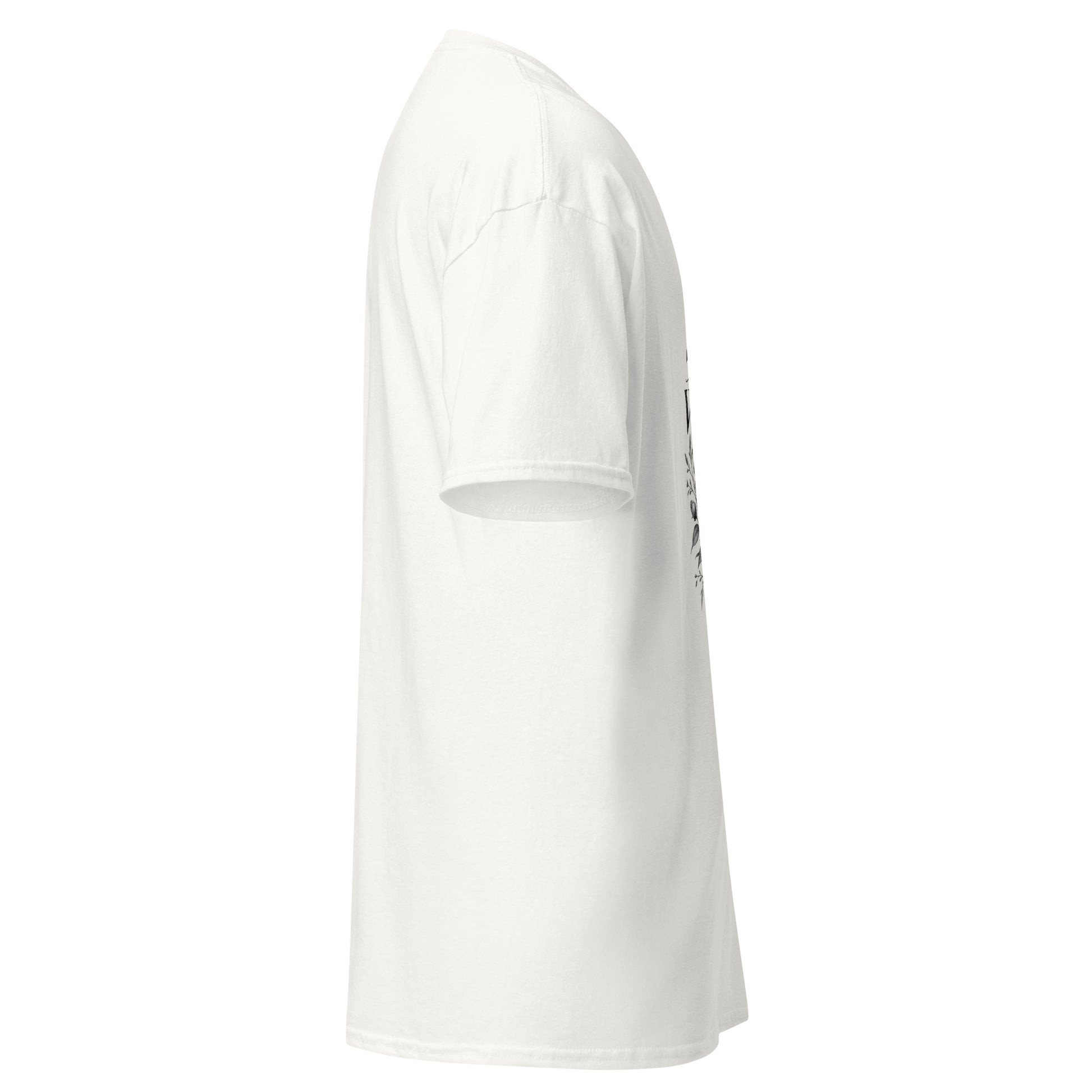 White Christian t-shirt right side view with floral Psalm 139:14 artwork partially visible