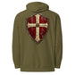 Gunmetal Grey crusader Christian hoodie featuring oxblood shield back artwork