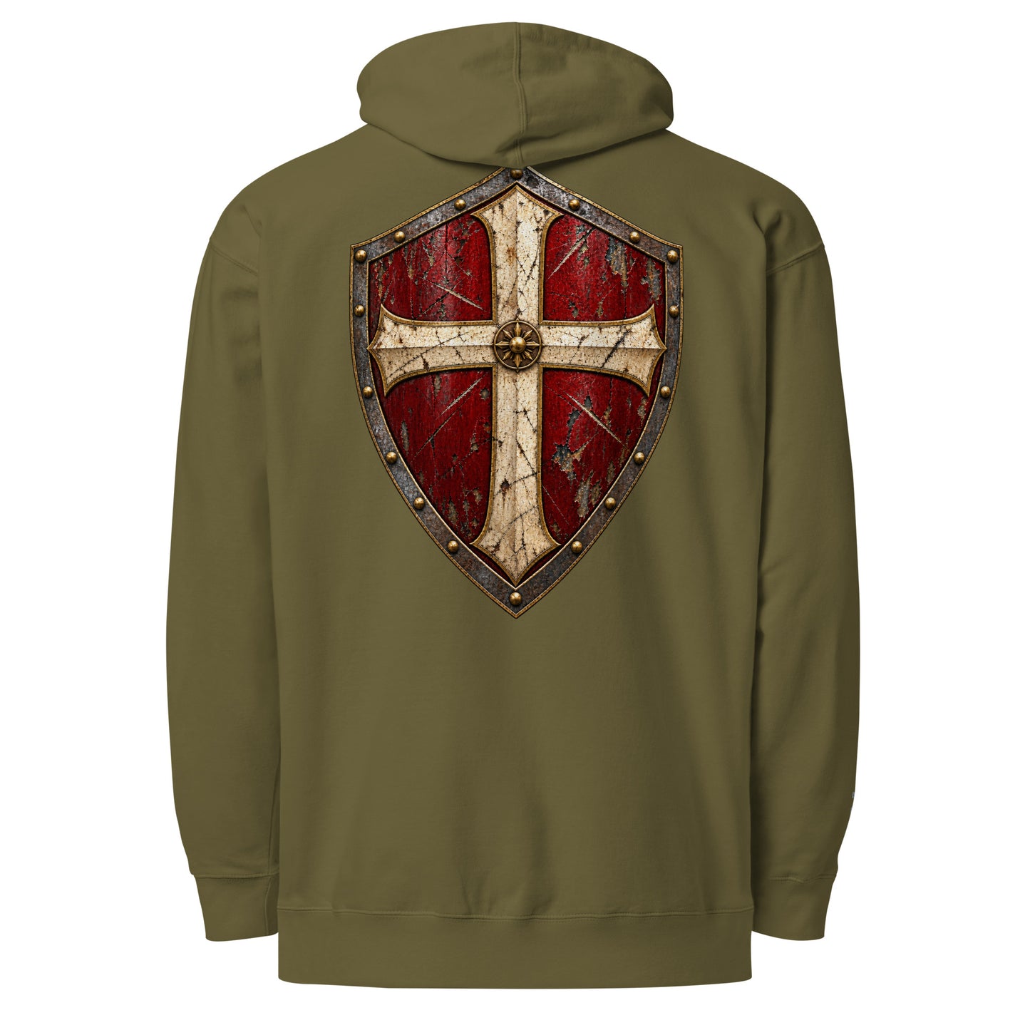 Gunmetal Grey crusader Christian hoodie featuring oxblood shield back artwork