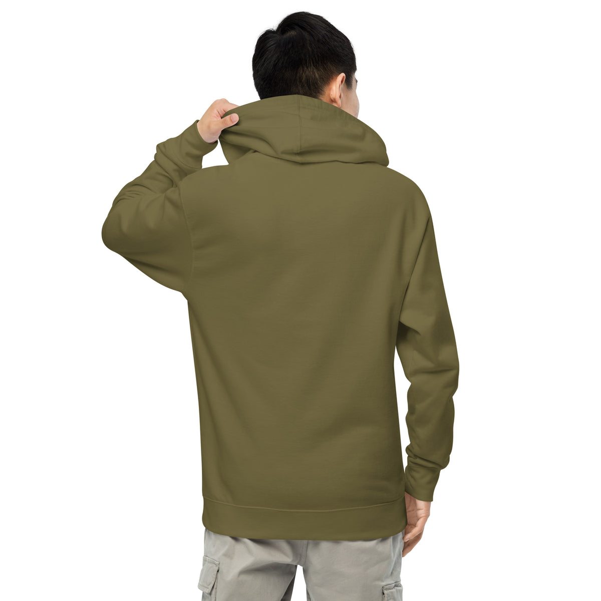 Back view of Military Green men's Christian hoodie on male model