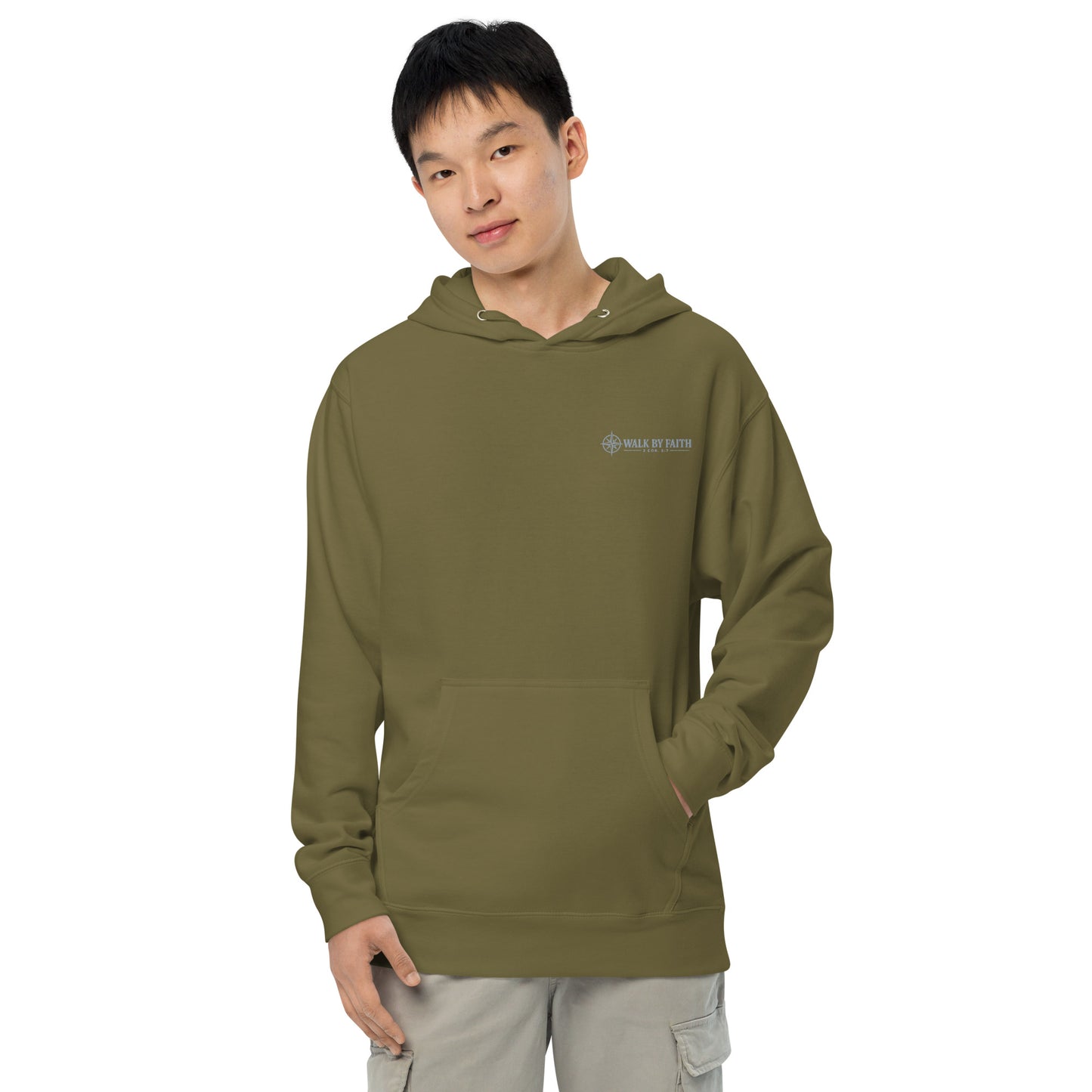 Men's military green Walk by Faith hoodie inspired by 2 Corinthians 5:7
