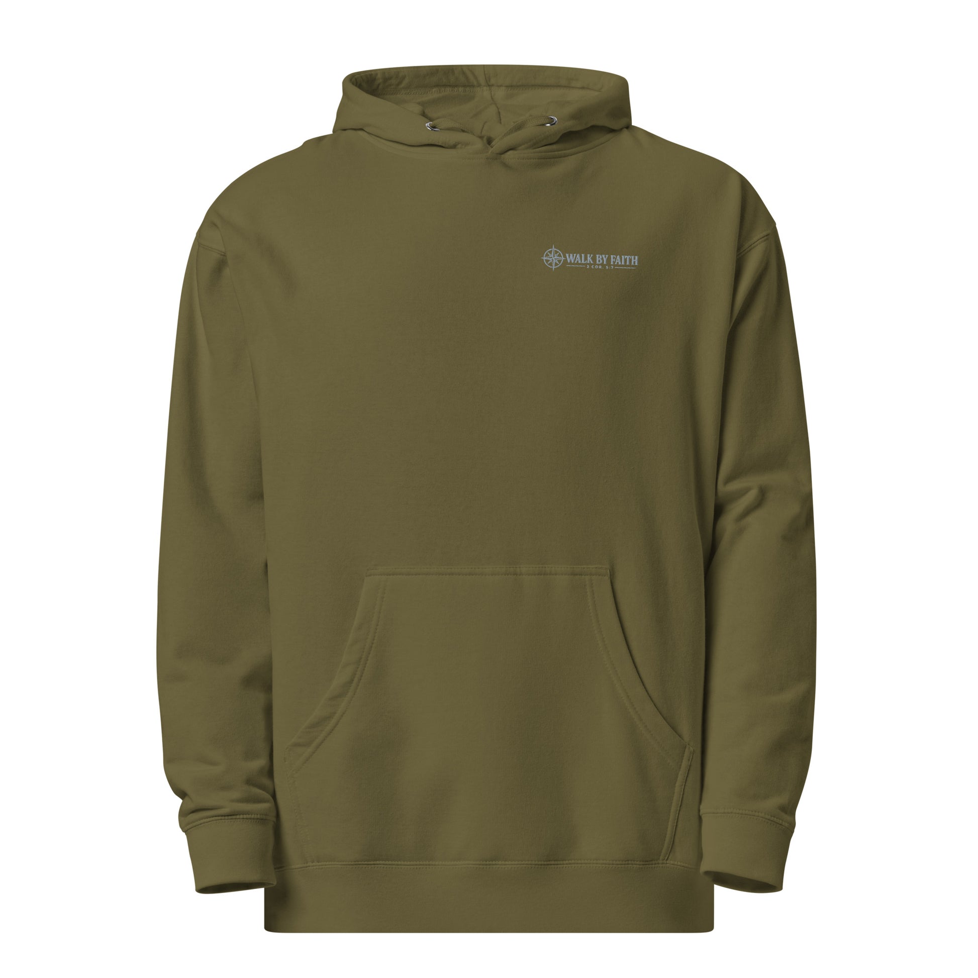 Military green Christian hoodie with minimalist Walk by Faith compass embroidery