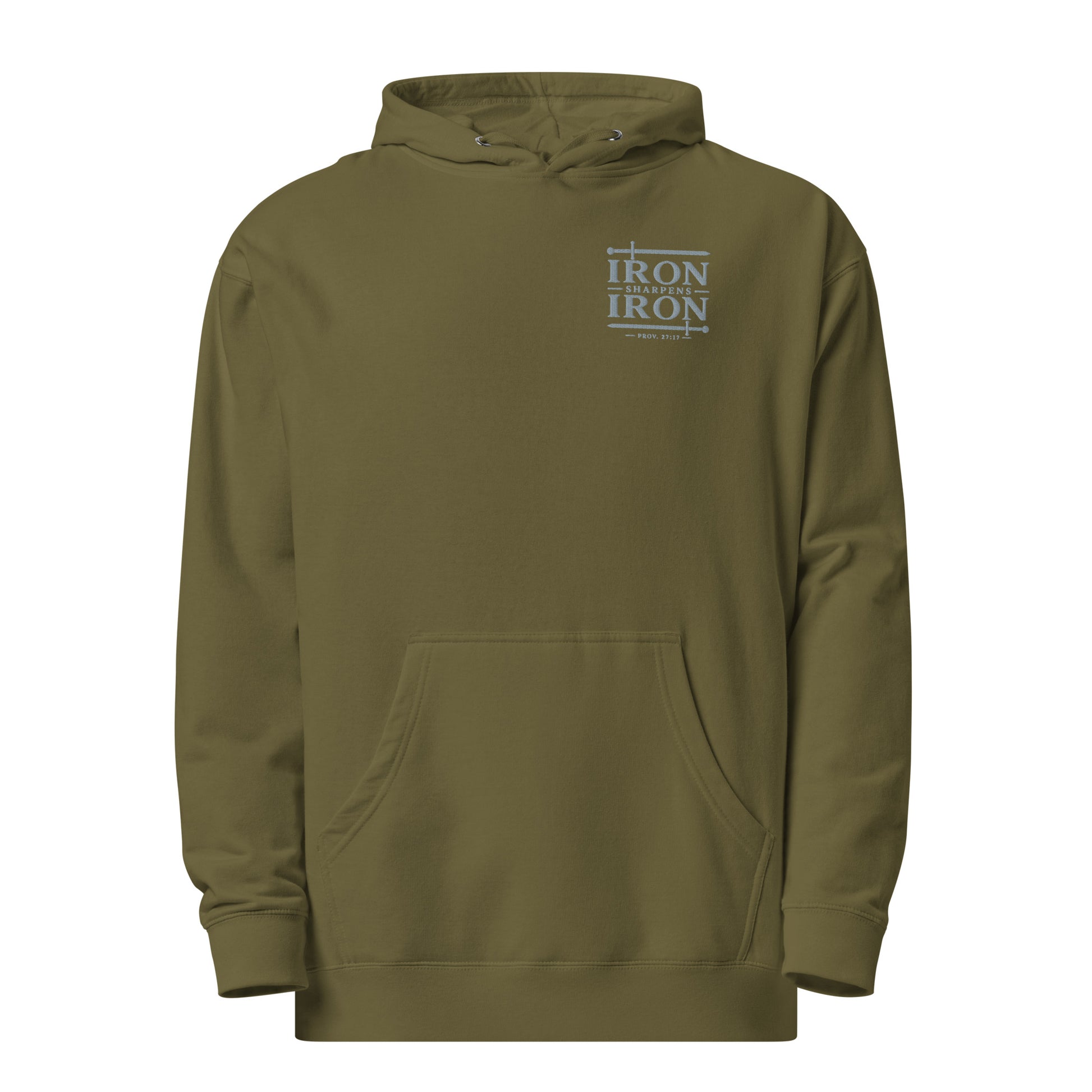 Military green Christian hoodie with minimalist Iron Sharpens Iron embroidery