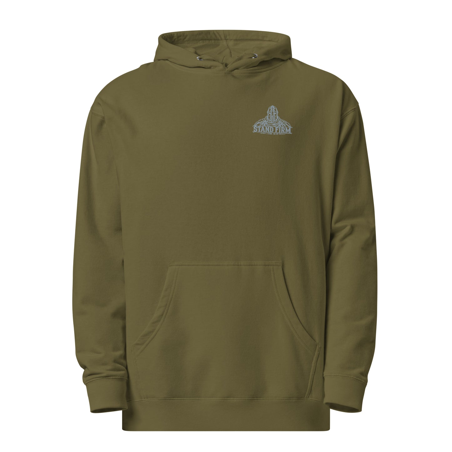 Military green Stand Firm Christian hoodie with minimalist knight embroidery