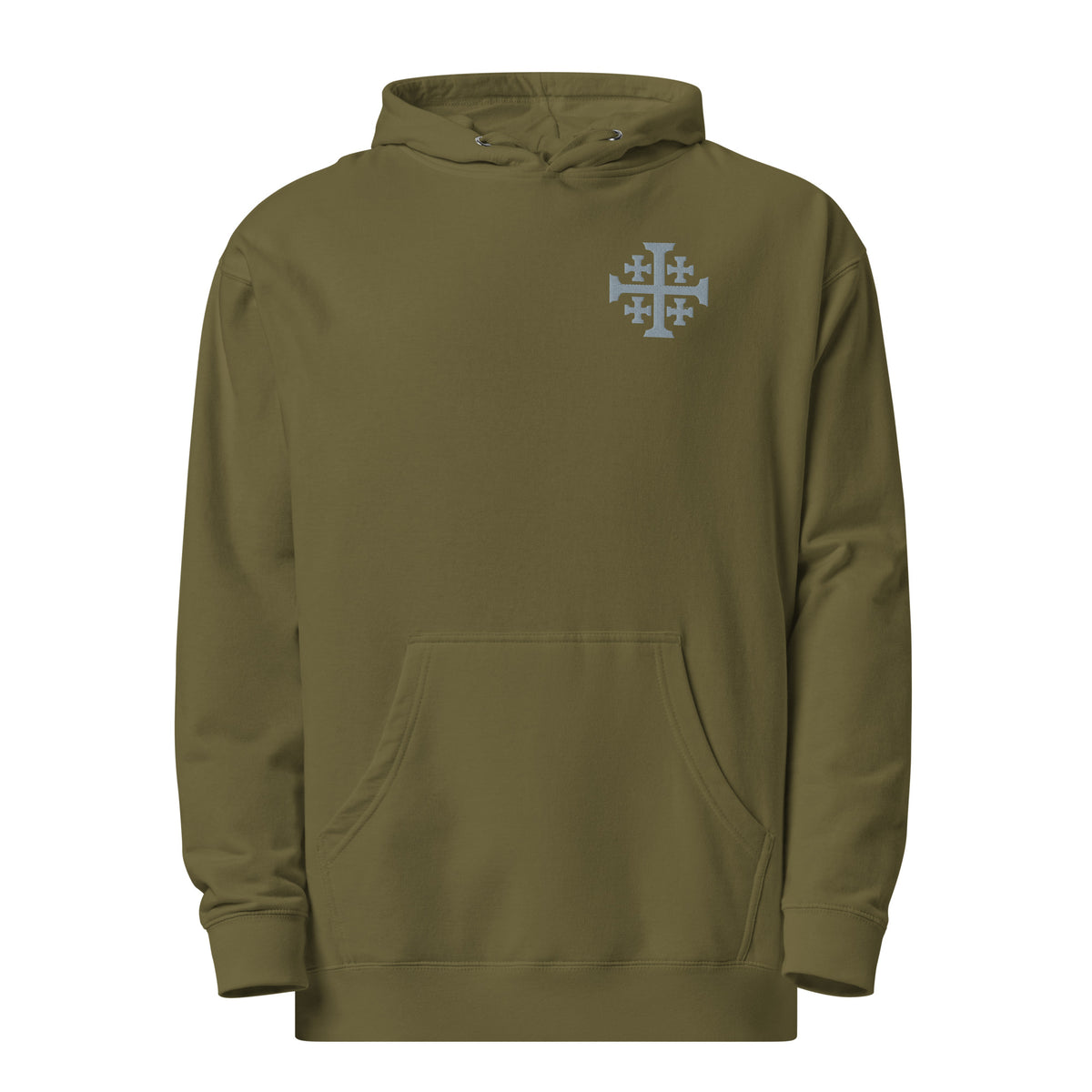 Military Green Jerusalem Cross Christian hoodie with grey heraldic cross emblem