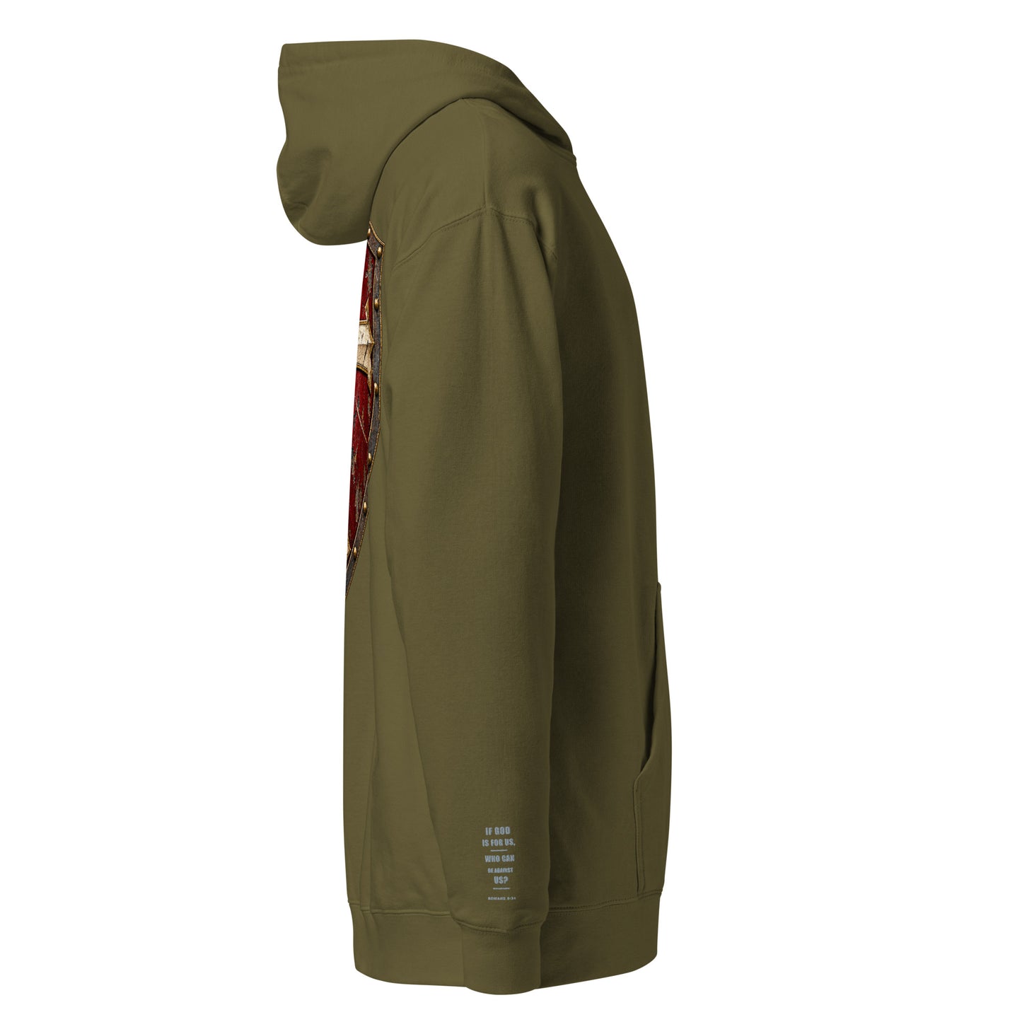 Gunmetal Grey men’s Christian hoodie showing If God Is for Us right-sleeve design
