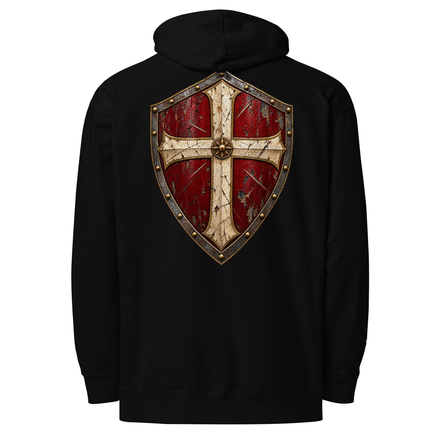 Stand Firm men’s Christian hoodie with large weathered shield and cross back print