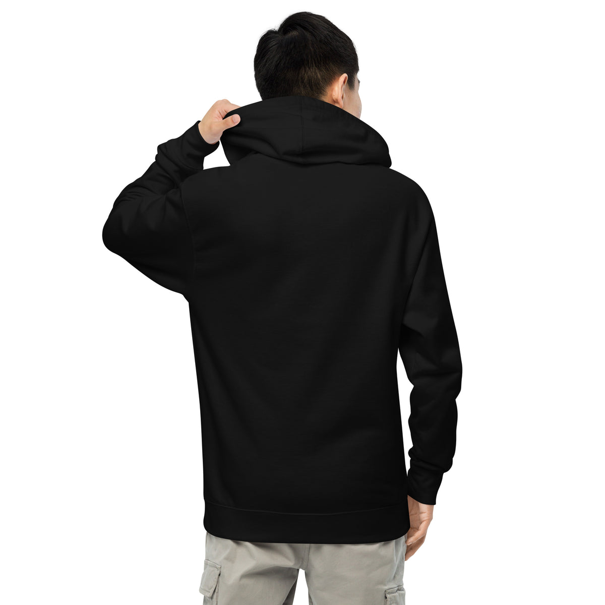 Back view of man wearing black premium Christian hoodie