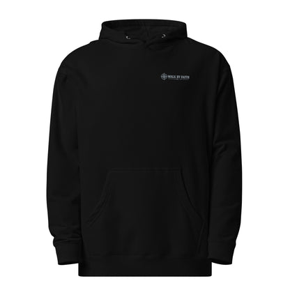 Black Walk by Faith Christian embroidered hoodie inspired by 2 Corinthians 5:7