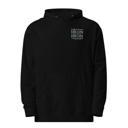 Black Iron Sharpens Iron Christian embroidered hoodie inspired by Proverbs 27:17