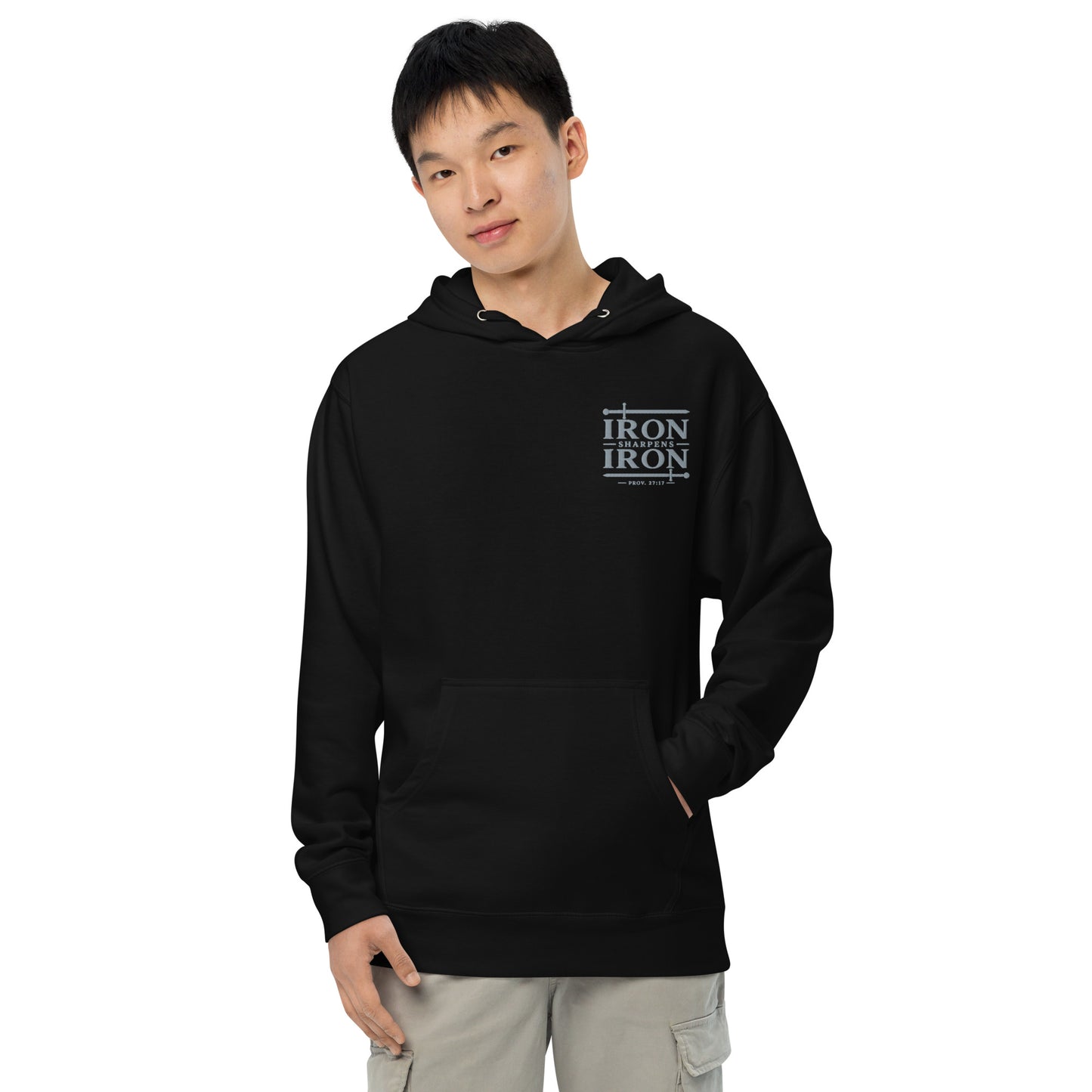 Men's black Christian embroidered hoodie featuring Iron Sharpens Iron design