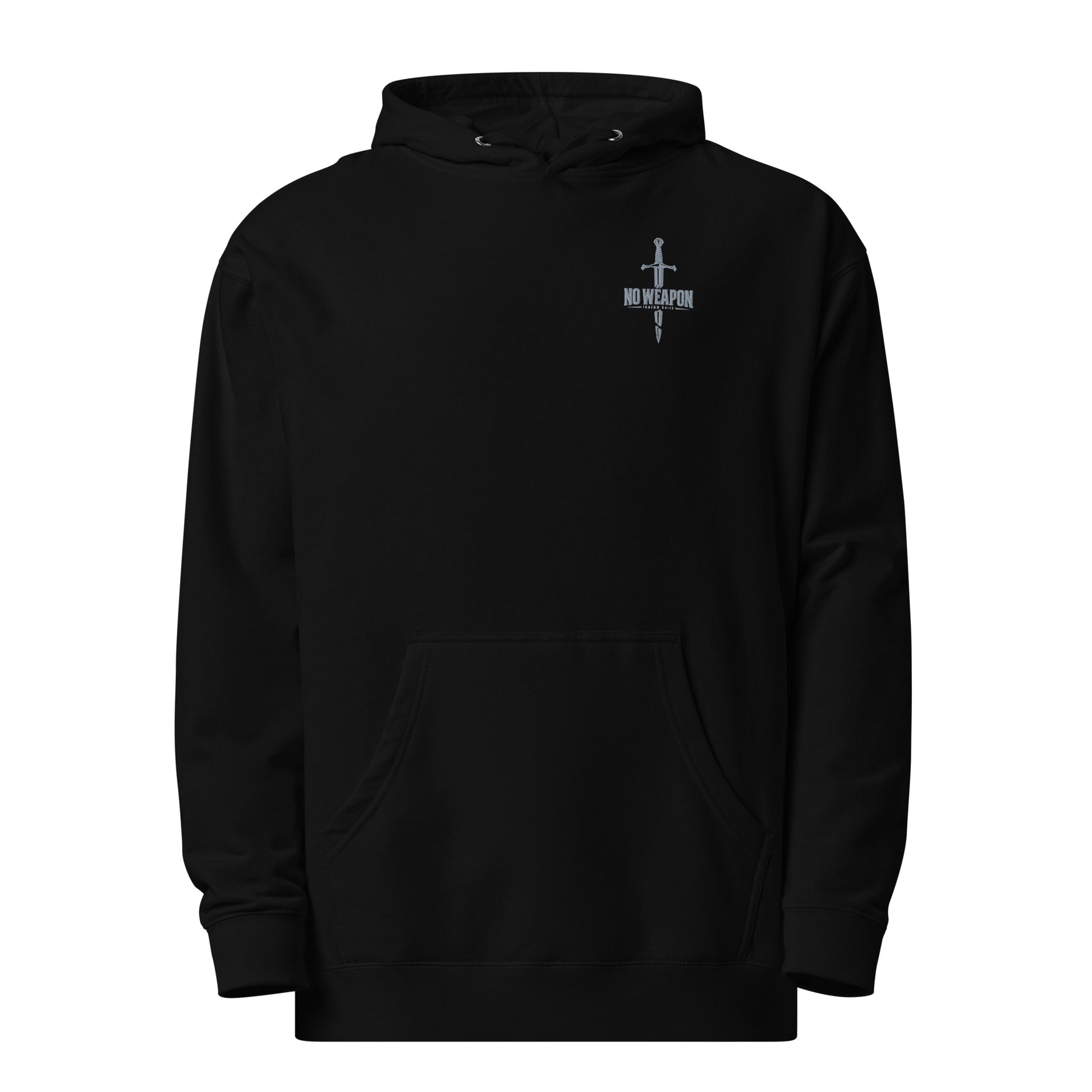 Black No Weapon Isaiah 54:17 Christian embroidered hoodie with broken sword design
