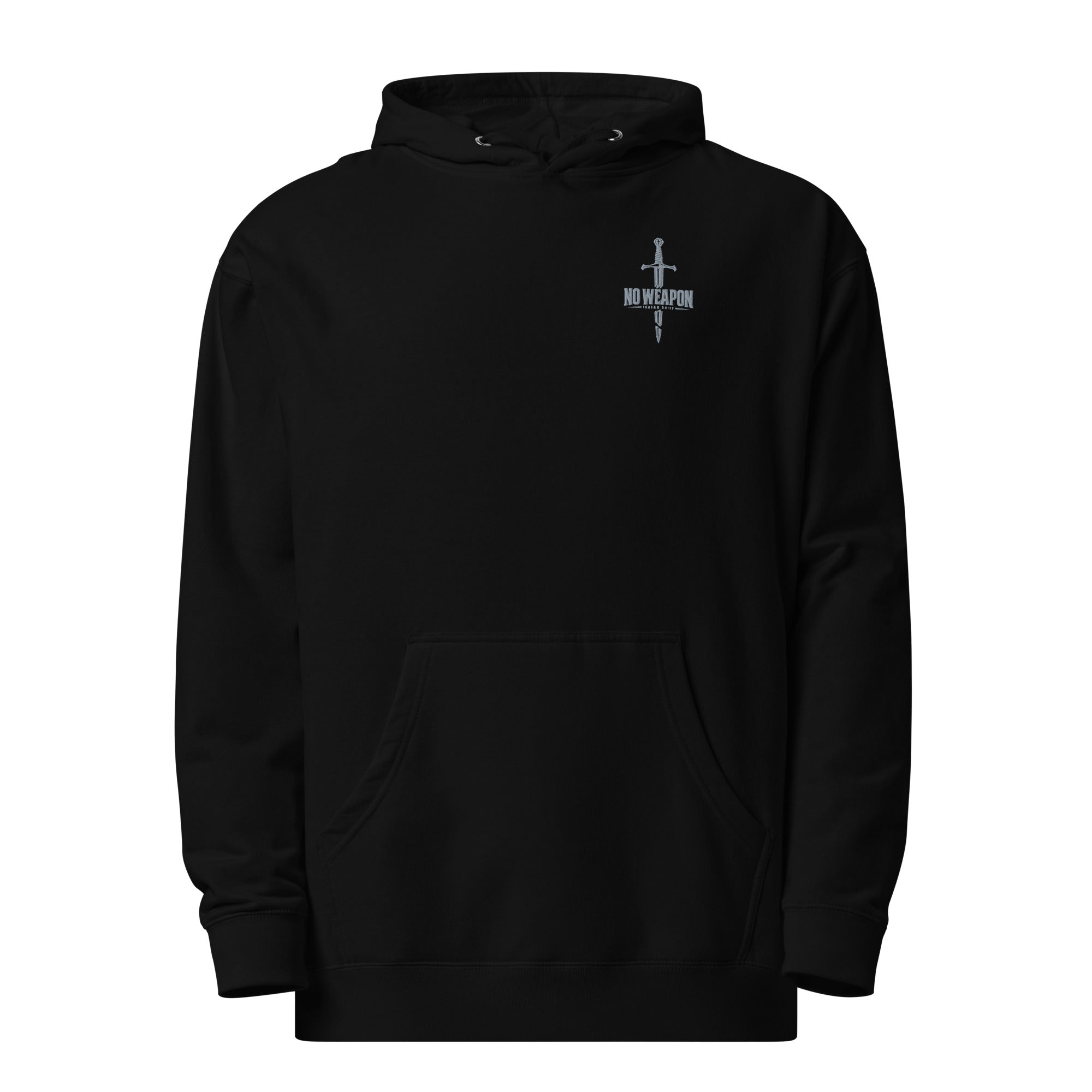 Black No Weapon Isaiah 54:17 Christian embroidered hoodie with broken sword design