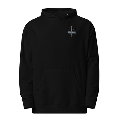 Black No Weapon Isaiah 54:17 Christian embroidered hoodie with broken sword design