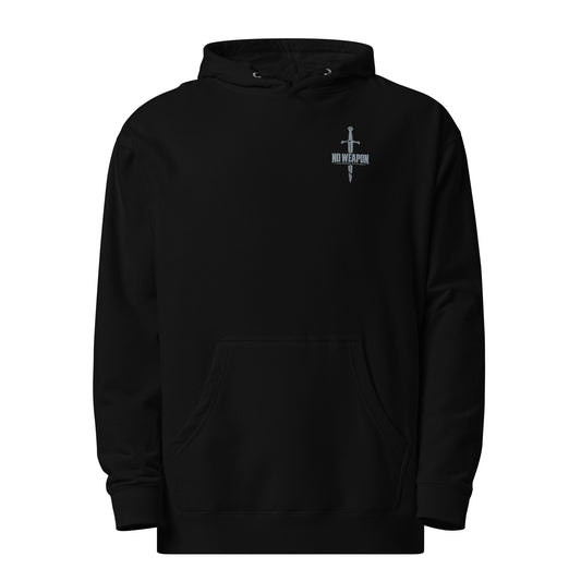 Black No Weapon Isaiah 54:17 Christian embroidered hoodie with broken sword design