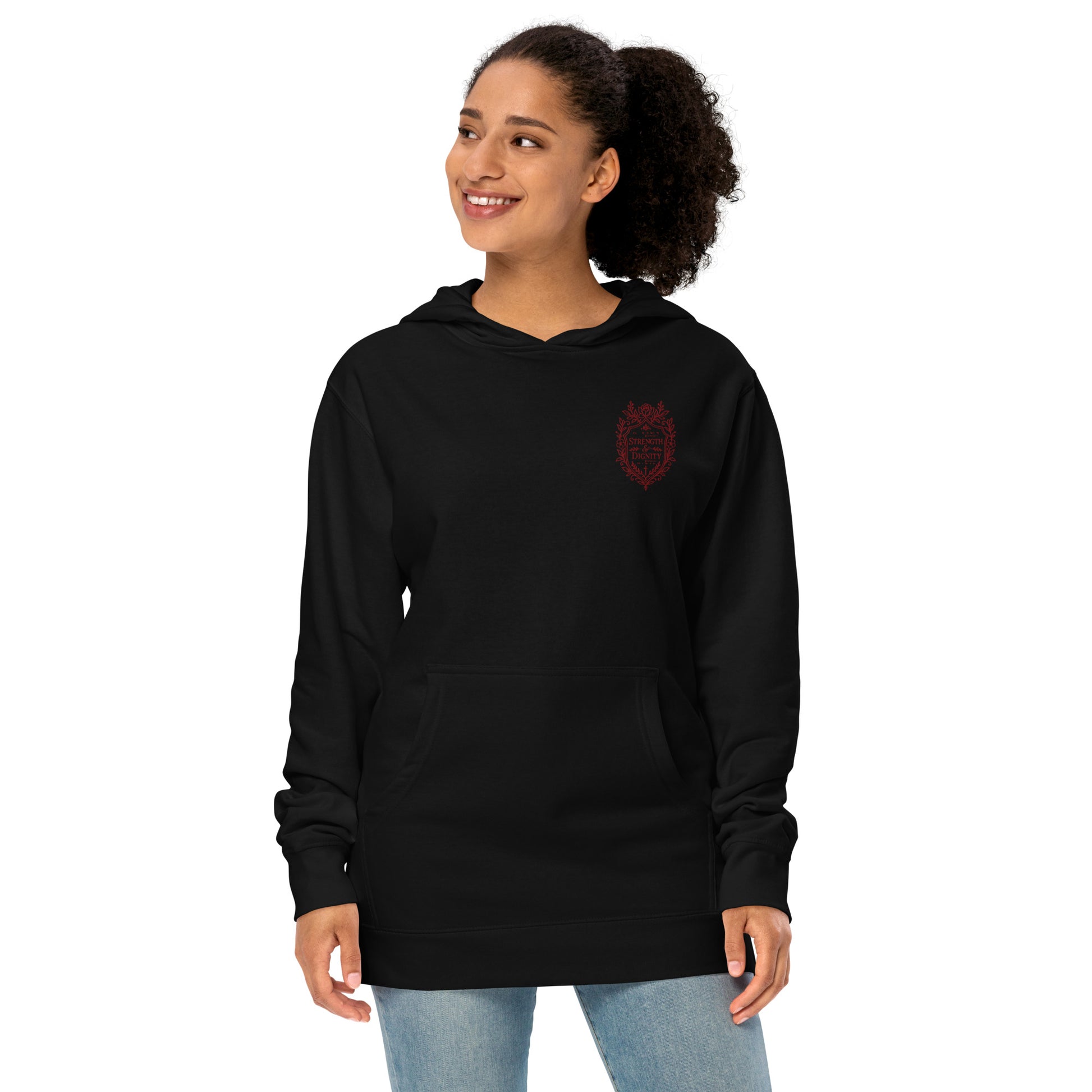 Woman wearing black Strength and Dignity Proverbs 31:25 Christian embroidered hoodie