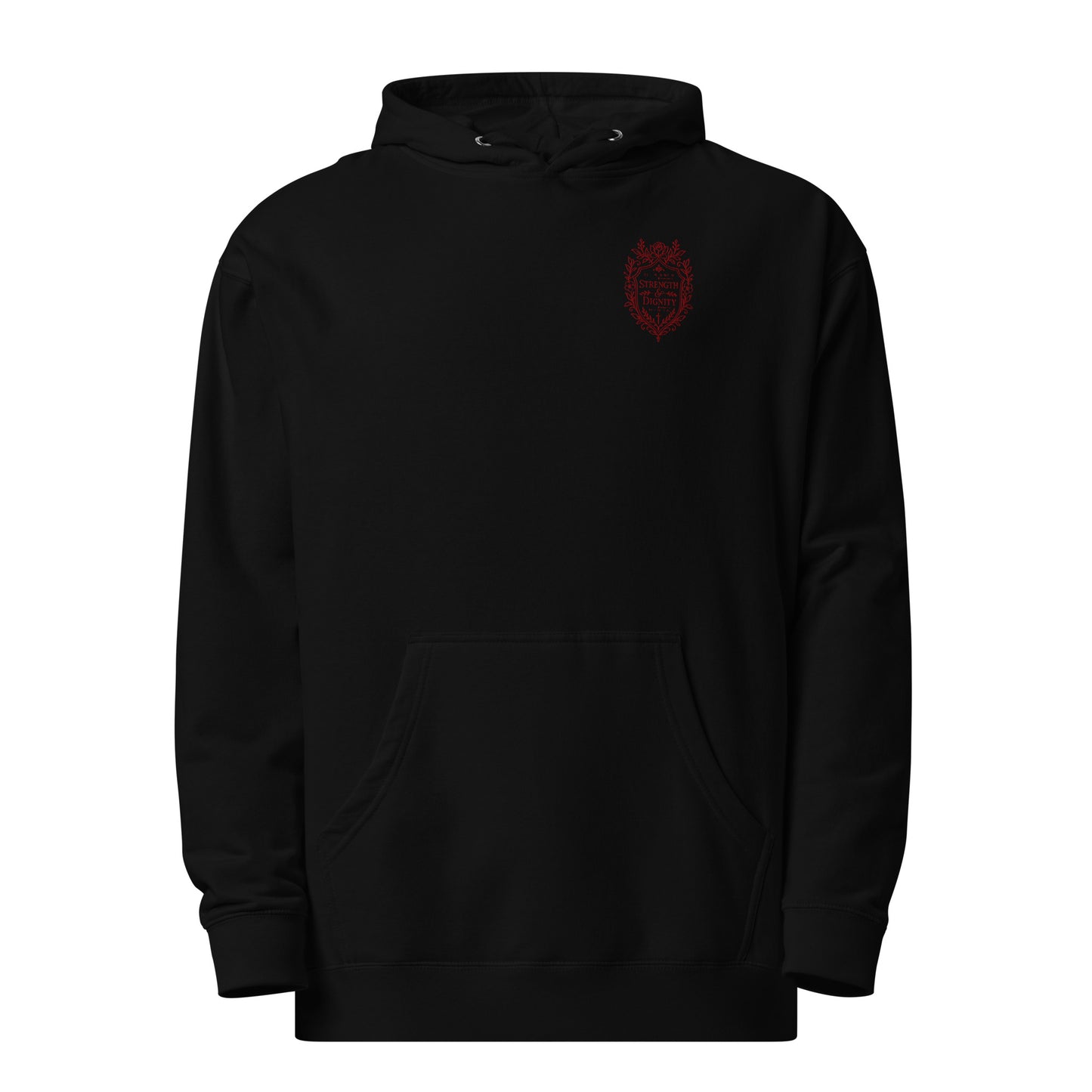 Black Strength and Dignity Proverbs 31:25 women's Christian embroidered hoodie with maroon left-chest design
