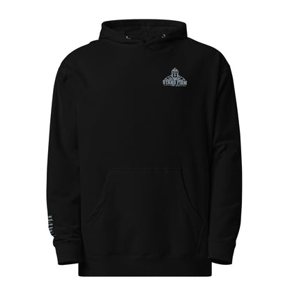 Gunmetal Grey Stand Firm men’s Christian hoodie with crusader helmet left-chest design