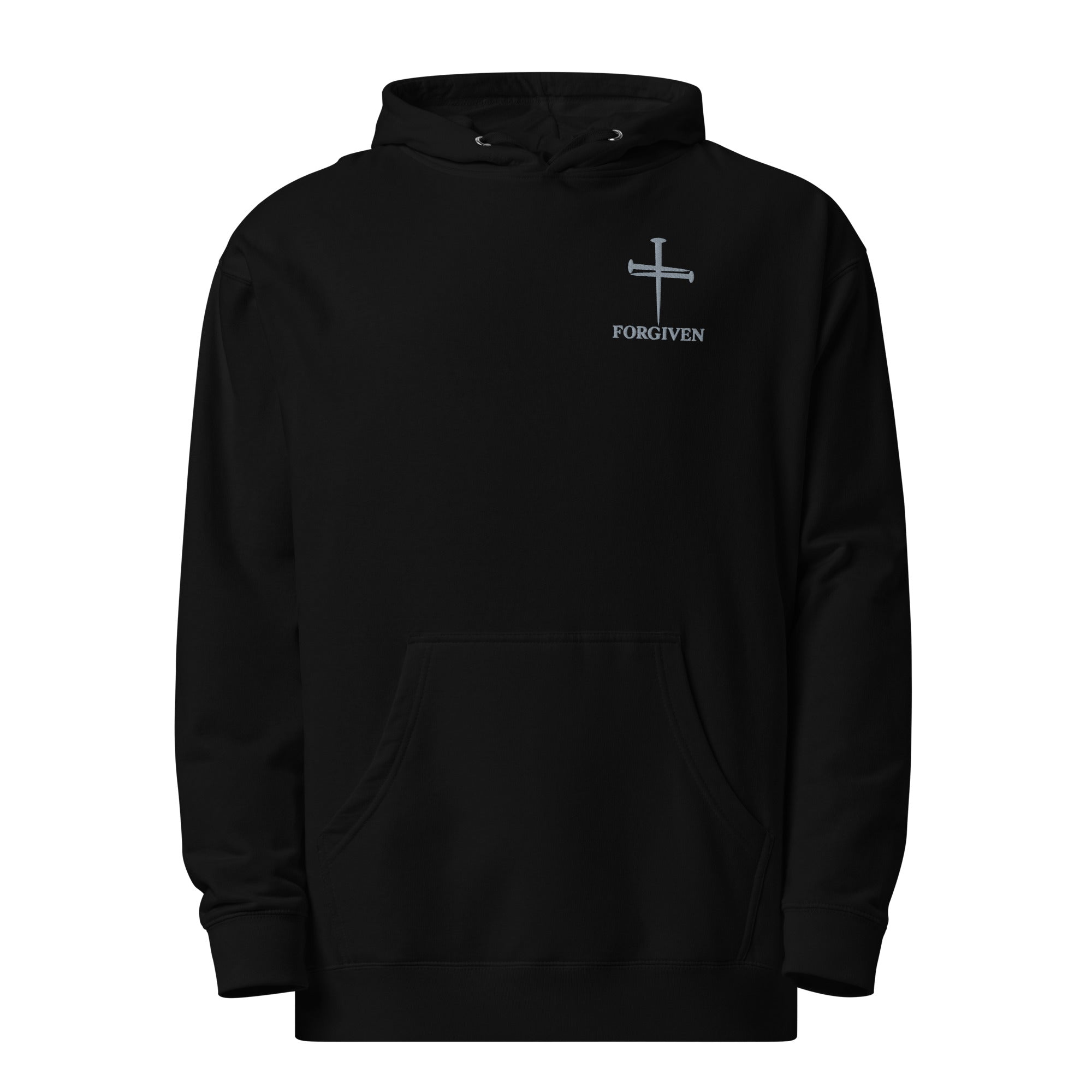 Forgiven men's Christian embroidered hoodie in black with three nail cross design