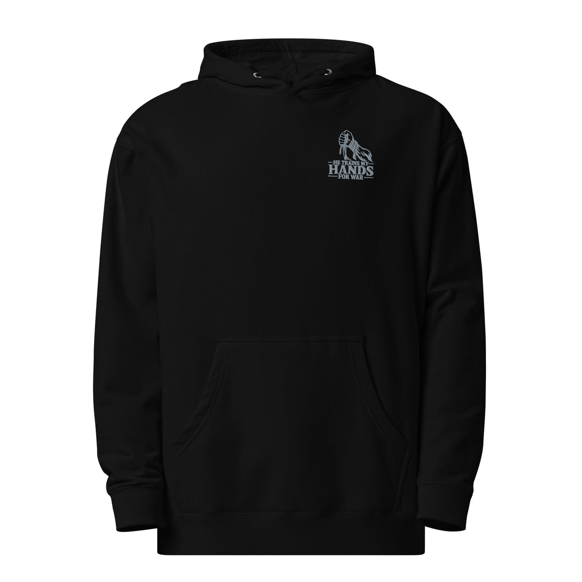 Black men's Christian hoodie featuring He Trains My Hands for War left-chest embroidery