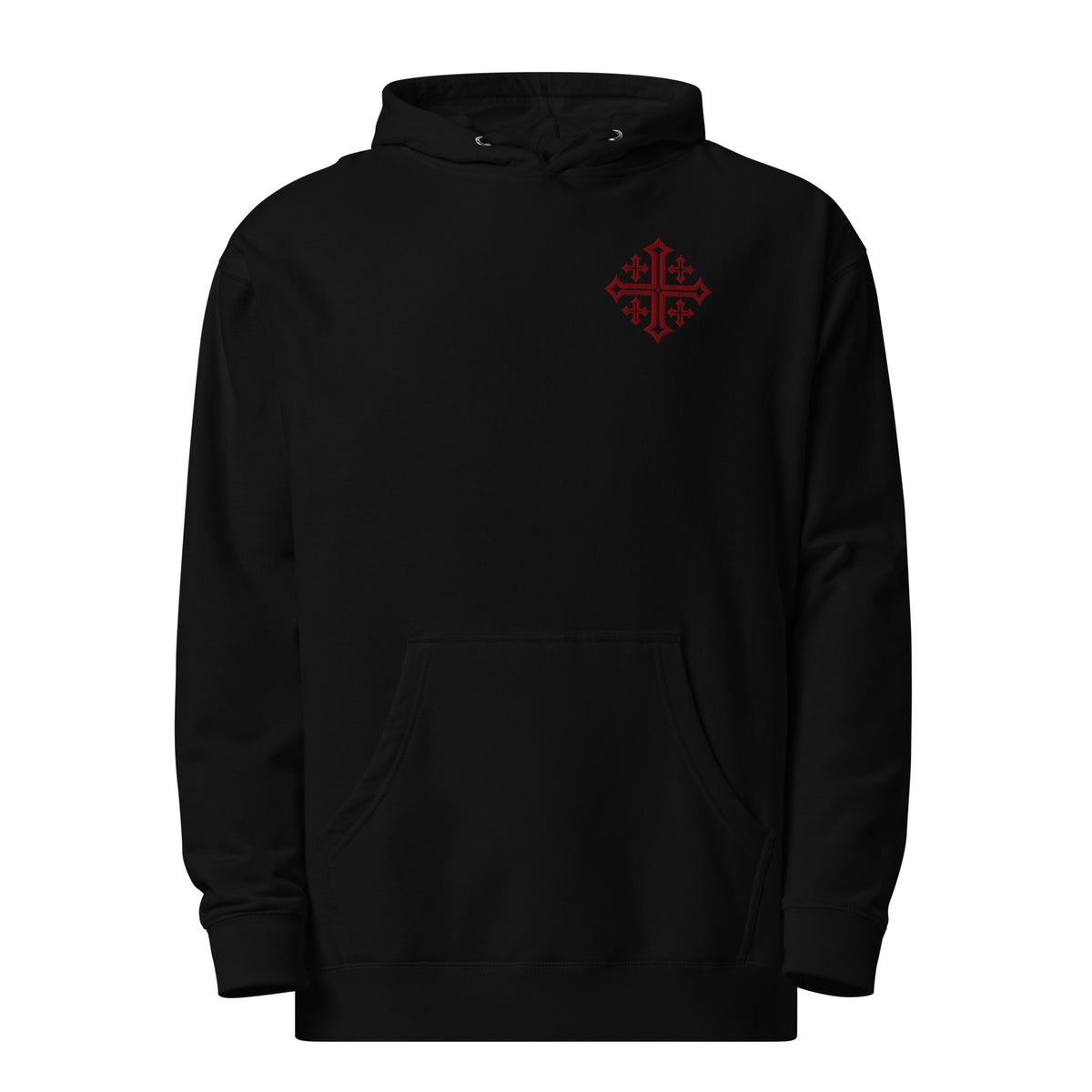 Black Jerusalem Cross women’s Christian hoodie with maroon left-chest five-cross embroidery