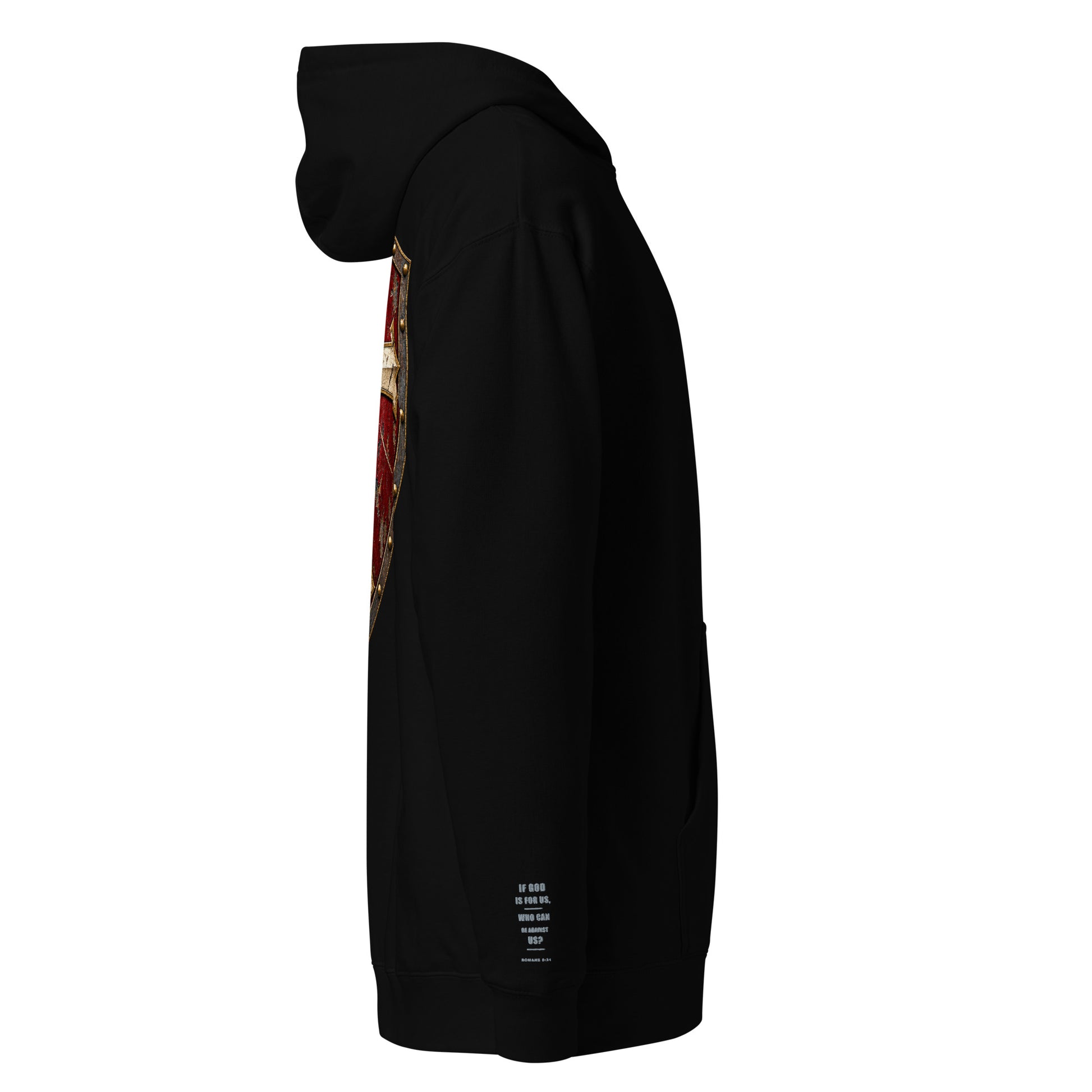 Stand Firm Christian hoodie with Romans 8:31 verse printed along the right sleeve
