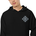 Black Jerusalem Cross men's Christian hoodie with grey Crusader-inspired left-chest embroidery
