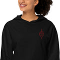 Black close-up: Black Armor of God women’s Christian hoodie featuring maroon shield sword and Scripture chest embroidery