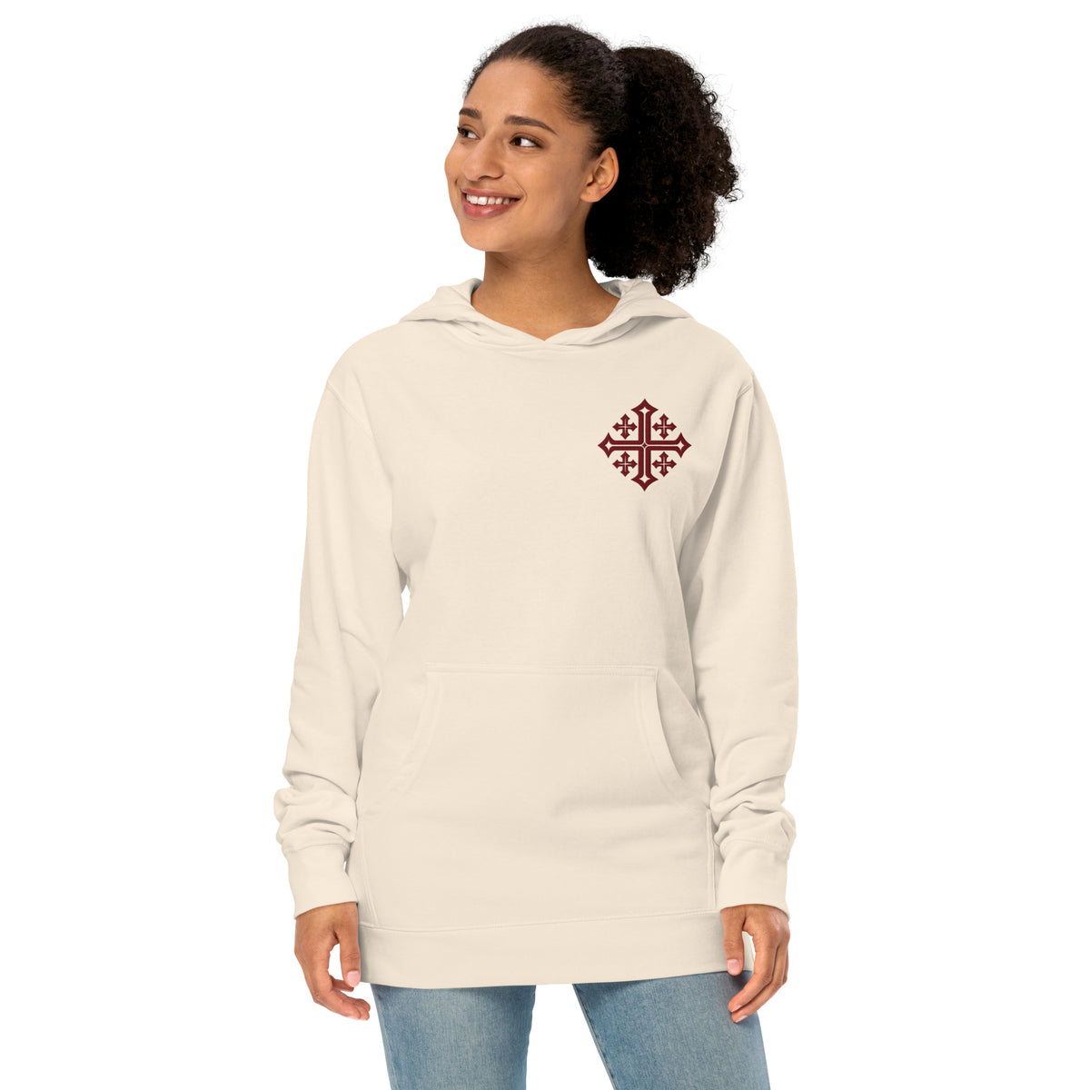 Woman modeling Bone Jerusalem Cross hoodie with refined maroon five-cross embroidery
