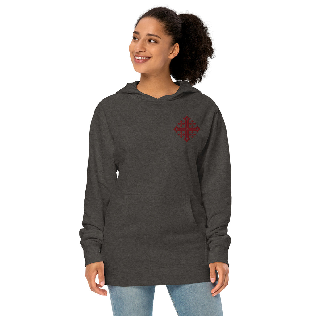 Woman modeling Charcoal Heather Jerusalem Cross hoodie with maroon Christian embroidery
