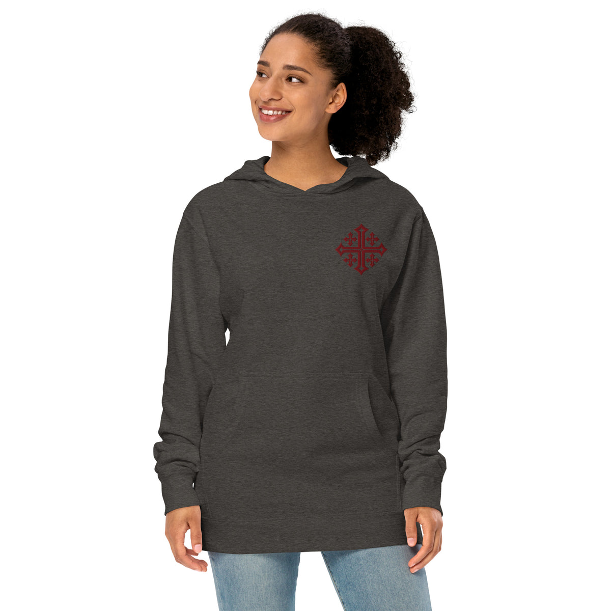 Woman modeling Charcoal Heather Jerusalem Cross hoodie with maroon Christian embroidery