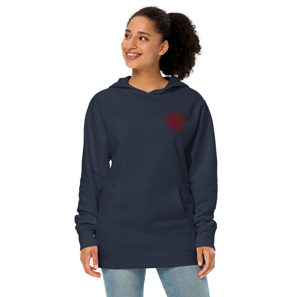 Female model in Classic Navy women’s Christian hoodie with Jerusalem Cross emblem