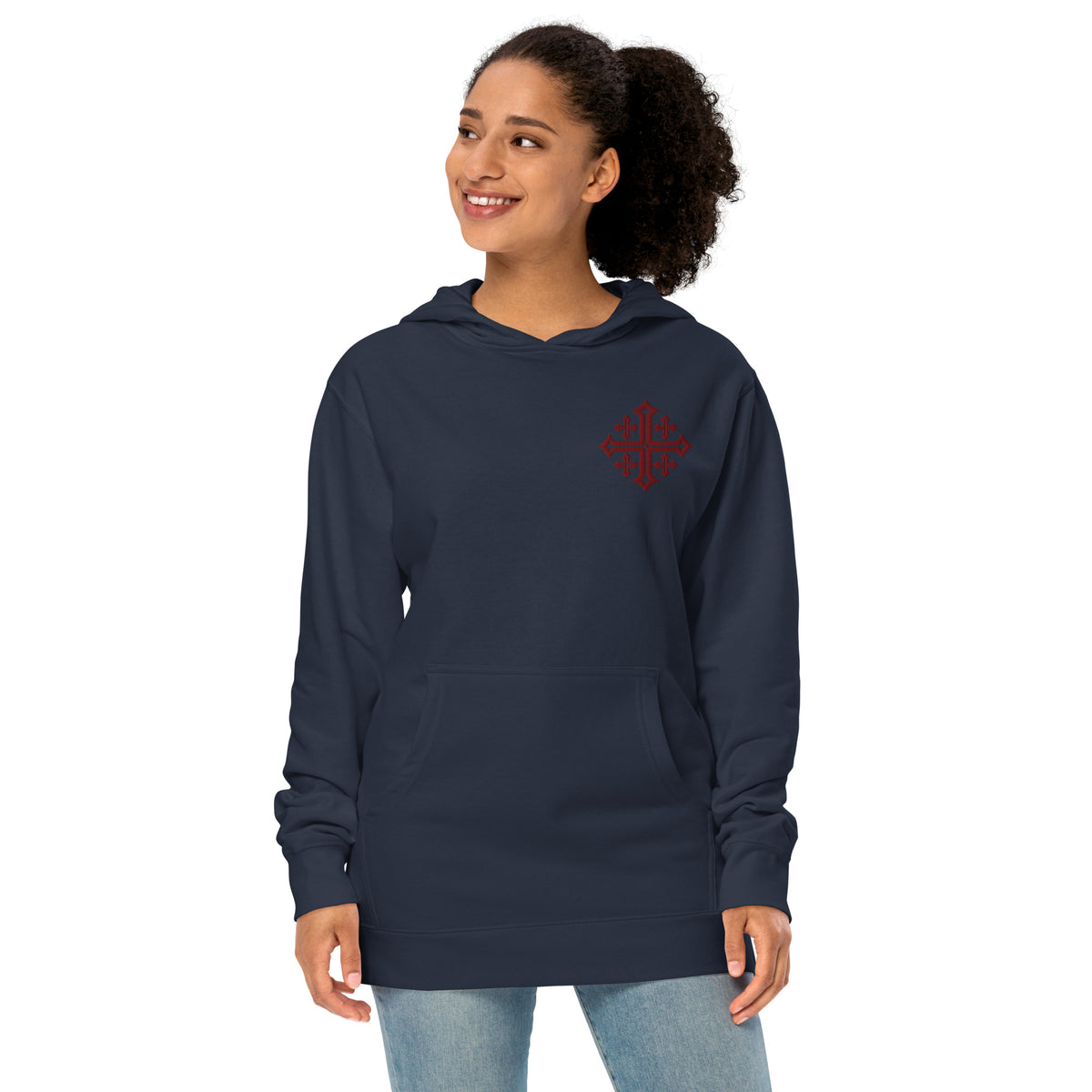 Female model in Classic Navy women’s Christian hoodie with Jerusalem Cross emblem