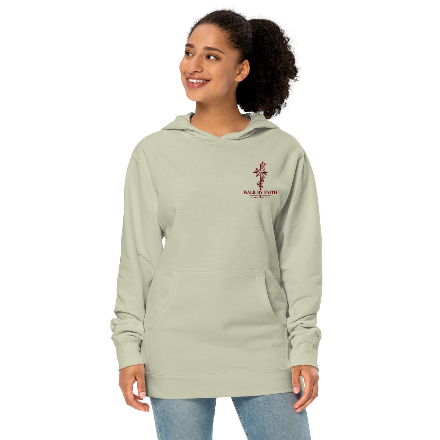 Women's Dusty Sage 2 Corinthians 5:7 Christian hoodie with botanical cross embroidery